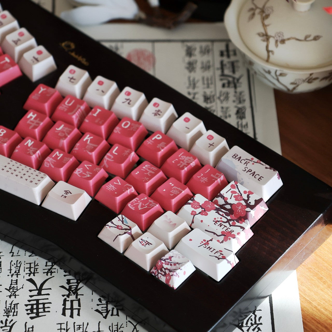 Cherry Blossom Sakura Tree Japanese & Chinese Calligraphy 138 Keycaps Set For Mechanical Keyboard Cherry MX