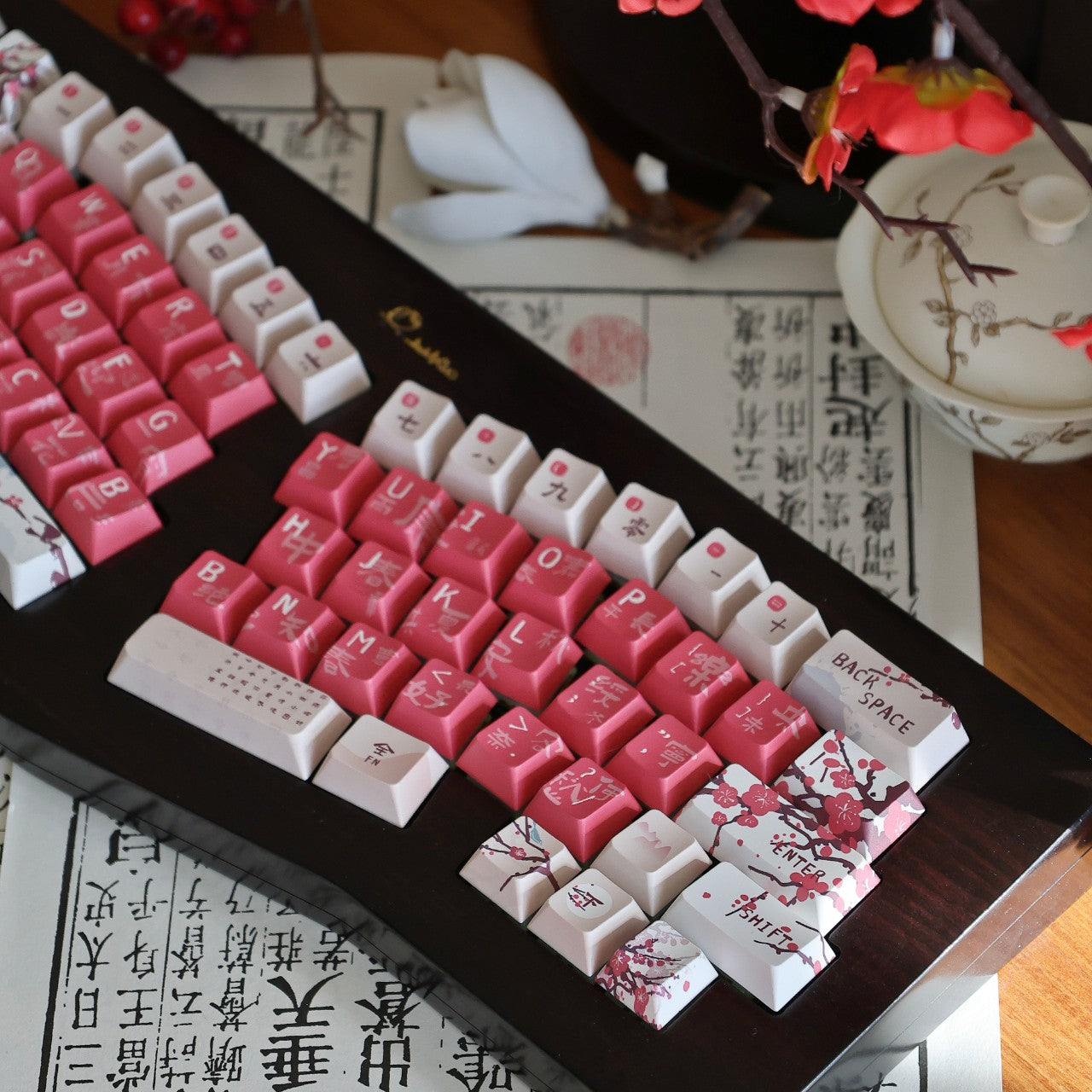 Cherry Blossom Sakura Tree Japanese & Chinese Calligraphy 138 Keycaps Set For Mechanical Keyboard Cherry MX 7